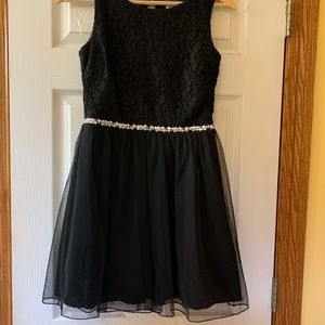 Black dress with beaded faux belt, black lace top lined skirt